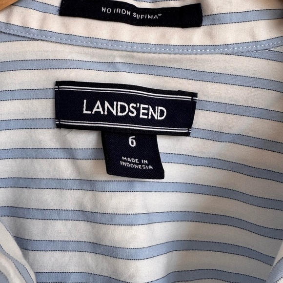 LANDS END Women's No Iron Button Front Shirt blue and white stripe Cotton Beach - Picture 2 of 7